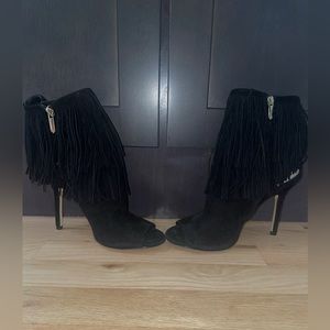 Same Edelman Fringe Ankle Open Toe Heels - Black.